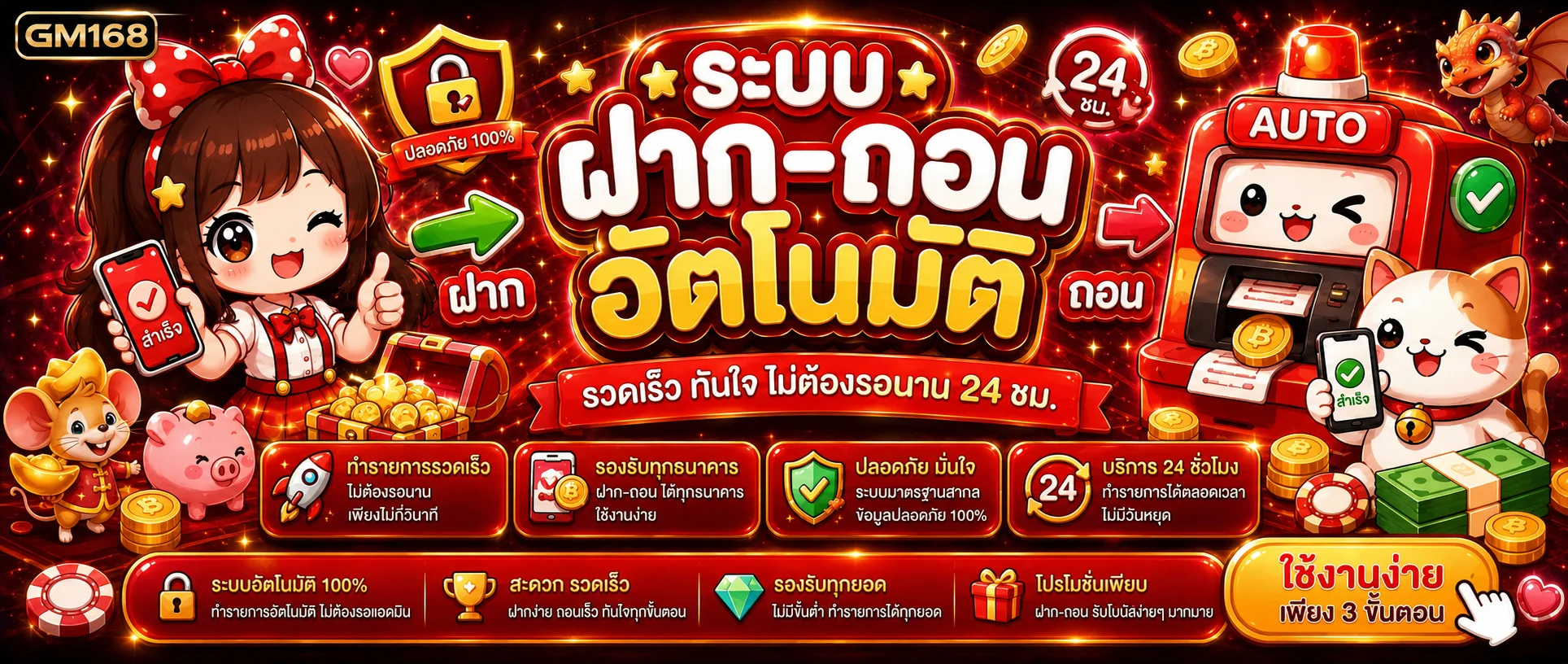ระบบฝากถอนอัตโนมัติ GM168 และตัวละคร PG Soft